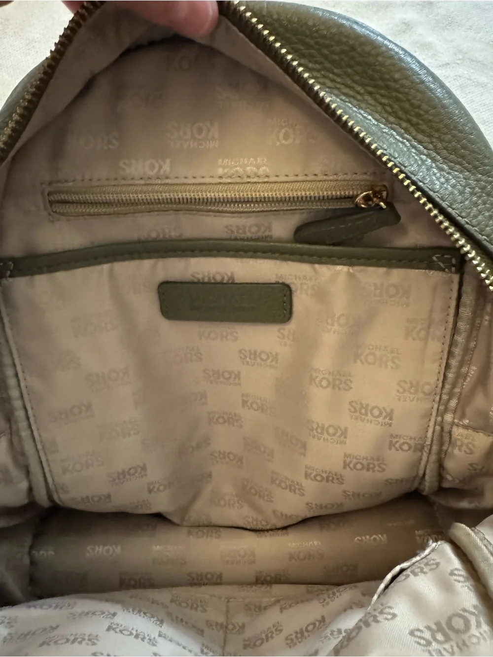 Michael Kors Olive Green Pebbled Leather Backpack with Gold Studs
